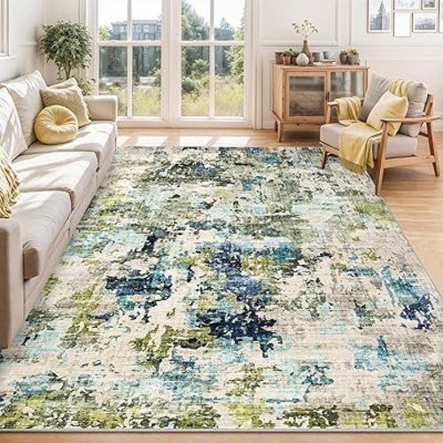 CAROMIO 4x6 Washable Area Rug, Soft Modern Abstract Rugs for Living Room Bedroom, Low Pile Non-Slip Boho Area Rug for Dining Room Office Playroom (Green/Blue Multi, 4'x6')