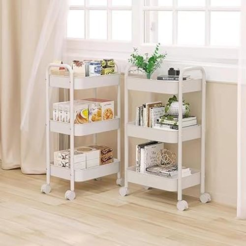 3 Tier Rolling Cart,Metal Utility Cart with Wheels,Detachable Rolling Storage Cart, Multifunctional Storage Organizer Trolley for Kitchen, Living Room, Office, Garage (White, 3 Tier 2PCS)