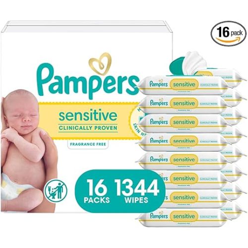 Pampers Sensitive Baby Wipes, Clinically Proven, Fragrance Free, Unscented, Water Based, Hypoallergenic, Multi-Use, Hand Wipes 1344 Wipes Total (24X Flip-Top Packs) [Packaging May Vary]