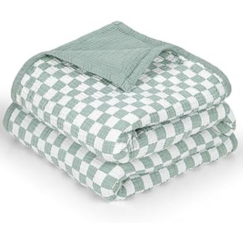 lulumoon Checkered Baby Blankets for Boys: Muslin Cotton Toddler Blanket for Daycare - Soft Lightweight for Nursery Stroller 47"× 47"（Sage Checkered）