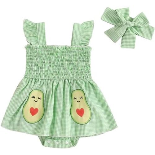 Mubineo Baby Girl Summer Dress Ruffle Fruit Clothes Flutter Sleeveless Smocked Infant Rompers Plaid Boho Dress Outfits