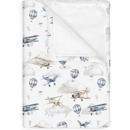Vintage Planes Airplanes Helicopters Baby Blankets for Boy Girl Hot Air Balloon Plane Clouds Sky Soft Flannel Nursery Bed Blankets for Infant Toddler Crib Swaddle Receiving Blankets 30x40