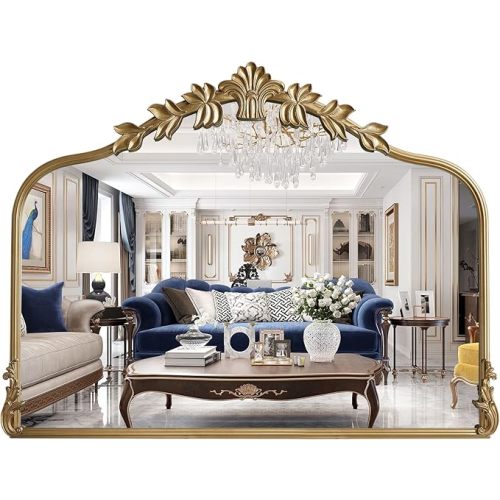 Gold Vintage Mirror for Vanity 32x24 Inch, Gold Antique Mirror with Ornate Frame, Arched Vintage Wall for Bathroom, Living Room, Fireplace, Entryway