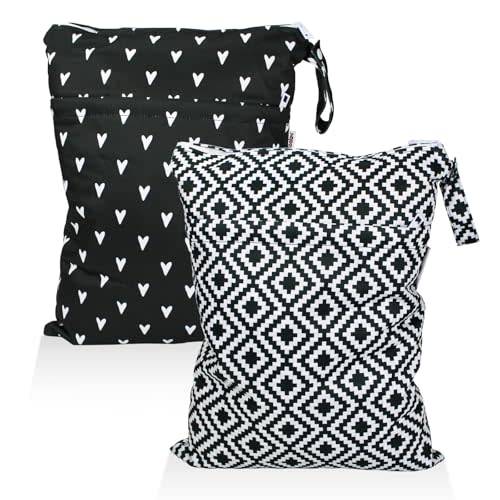 Mama Koala 2 Pack Wet Dry Bags on the Go, Swimming Pool, Beach, in Gym, Fitness Center, Natatorium, Polyester Waterproof Diaper Bag with 2 Pockets, Portable, Reusable, Machine Washable-12in/16in-019