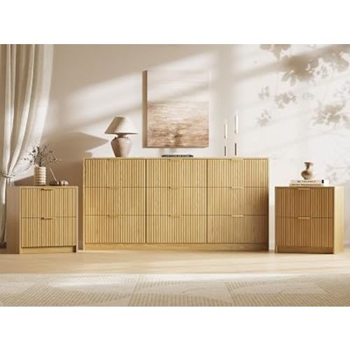 MAISONARIA 3-Piece Dresser Bedroom Set, 9 Drawer Dresser & 2 Drawer Nightstands with Gold Handles, Fluted Wood Chest of Drawers for Bedroom, Living Room, Entryway, Nature