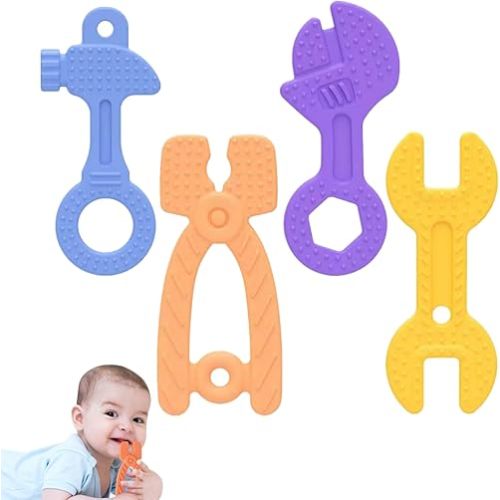 Fu Store 4 Pack Soft Silicone Teething Toys for 0-12 Months 6-24 Months Toddlers Infant Hammer Spanner Wrench Pliers Tools Shape Baby Teethers Relief Soothe Babies Gums Set