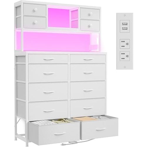 EnHomee White Dresser with 14 Fabric Drawers, LED Lights & Charging Station