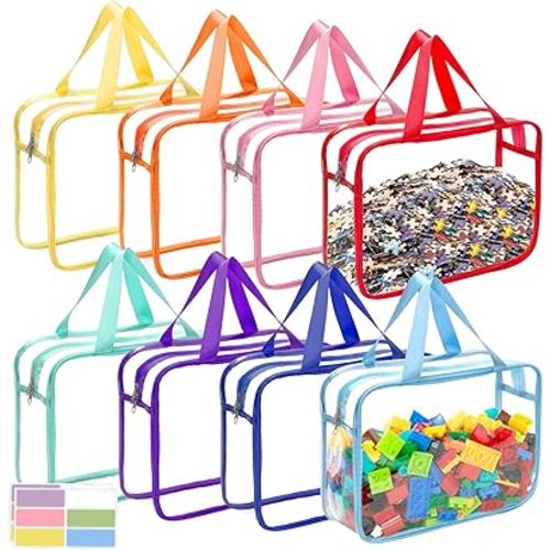 8 Packs 8 Colors Large Toy Storage Bags with Zipper and Labels, Clear PVC Waterproof Toy Organizers Bags for Board Games, Puzzles Pieces, Building Blocks, Handmade Accessories, Kid Books