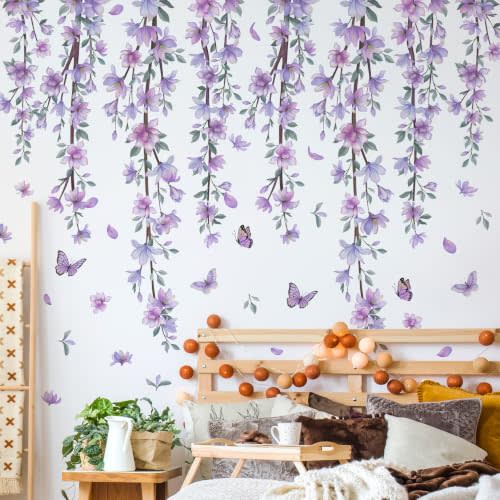 Hanging Creative Removable DIY Purple Flower and Vines Some Flying Butterfly Wall Sticker Waterproof Vinyl Wall Decal Decor for Home Girls Bedroom Kids Room Bedroom Living Room Wall Corner (2)