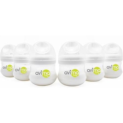 Avima Baby 4 oz Anti Colic Baby Bottles for Breastfed Babies - Slow Flow Nipples, Wide Neck Bottle, BPA Free - Newborn 0-3 Months, Stage 1 (Set of 6)