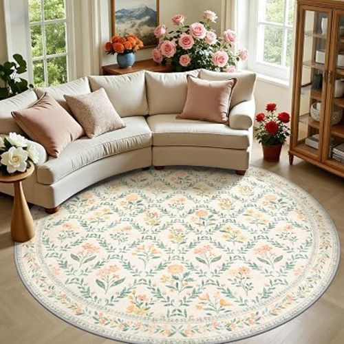 PLHXFR Round Area Rug Living Room: 8 ft Floral Washable Carpet Beige Multi