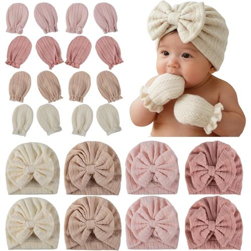 8 Sets Newborn Baby Hats & Mittens Cotton Preemie Infant Bow Beanies Caps Gloves Hospital New Born Boy Girl 0-3 Month
