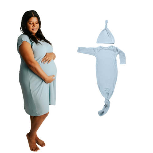 Ribbed Blue Bird Mommy & Me Matching Labor Gown and Newborn Knotted Ba – Three Little Tots