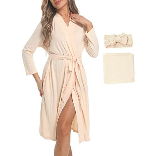 SUFEINI Maternity Robe with Matching Swaddle Blanket Set, Maternity Mommy Bathrobe Postpartum Robe Labor Gown