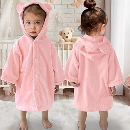 VOOVA & MOVAS Baby Hooded Towel with Bear Ear,0-24Months | 100% Cotton, Ultra-Soft & Absorbent | Gentle for Sensitive Skin, Bath, Pool & Beach Robe | Newborn (Pink)