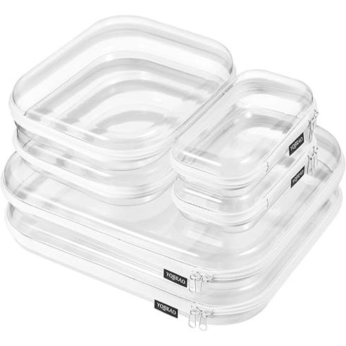 YQBRAO 6PCS Clear Hard Shell Zipper Case, Clear Travel Cosmetic Bag, Toiletry & Makeup Case, Zippered Toy Storage Bins (White, 6 Pack (2L+2M+2S))