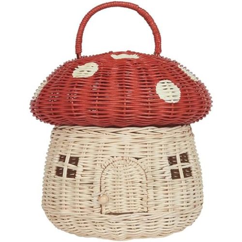 Mushroom House Basket, Kids Toy Storage, Wicker, Whimsical Fairy Tale Theme, with Handle (red)