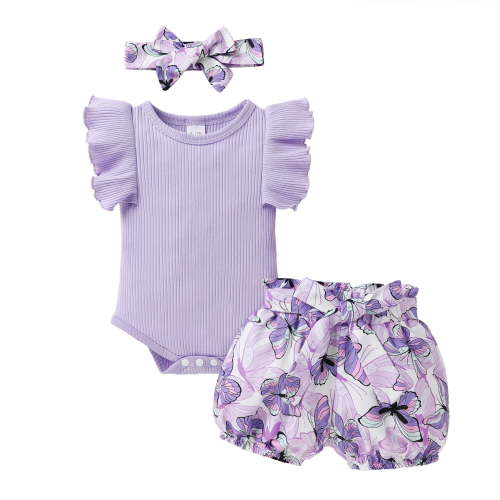 Younger Tree Toddler Baby Girl Clothes Outfits Summer Ruffle Sleeve Romper and Floral Shorts with Headband Set for 3-6 Months