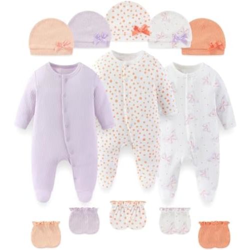 Fashion Baby Boy Girl Clothing Set Cotton Soft 3-Piece Long Sleeve Button Rompers 5-Pack Hats&Gloves Infant Clothes