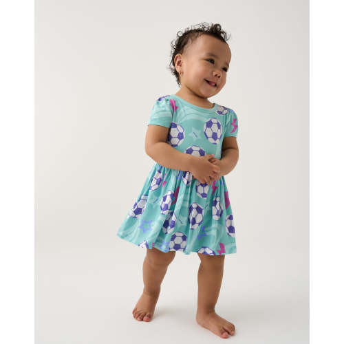 Aqua Soccer Stars Skater Dress with Bodysuit | Little Sleepies