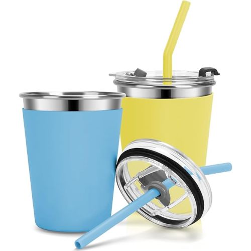 Kids Cups with Straws and Lids Leak Proof, 12oz Sippy Cups for Toddlers 1-3, 2 Pack Spill Proof Cup Stainless Steel Kids Cups with Lids for School, Outdoor (Blue & Yellow)