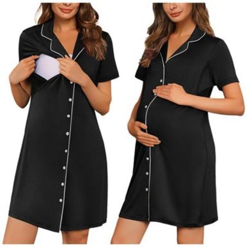 Ekouaer Labor and Delivery Gown for Women, Maternity Hospital Gowns with Button Short Sleeve Nursing Nightgown Pajamas Dress Black S