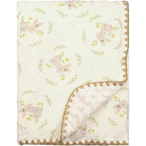 Baby Blanket 40x40 Inches,Muslin Cotton and Minky Dotted Double Layer Soft Receiving Blanket for Newborn Toddler,Meadow Bunny