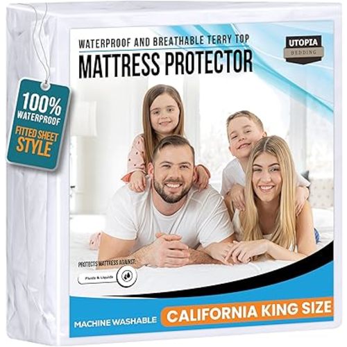 California King Size Mattress Protector Waterproof, Premium 200 GSM Terry Mattress Cover, Soft & Breathable Bed Cover, Fitted Sheet Style Stretchable Deep Pockets 17" by Utopia Bedding (White)