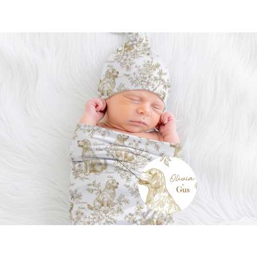 Toile Golden Retriever Baby Swaddle Personalized Minky Dog Blanket with Baby Name & Pet Name Vintage Nursery Decor Baby Shower Gift for Mom