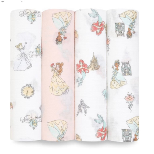 aden + anais Essentials Muslin Swaddle Blankets, Newborn Receiving Blanket for Swaddling, 100% Cotton Baby Swaddle Wrap, 4 Pack, Disney Princess