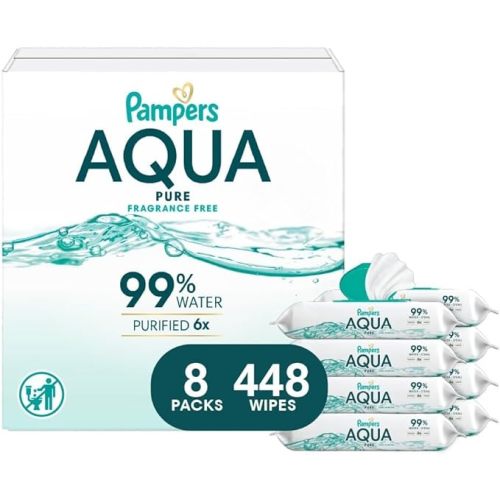 Pampers Aqua Pure Baby Wipes, 99% Water, Fragrance Free, 448 Baby Wipes Total (8X Flip-Top Packs) [Packaging May Vary]