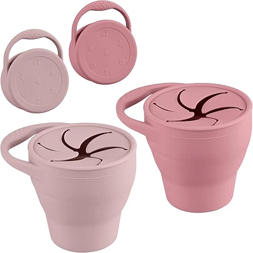 Snack Containers, Silicone Snack Cups for 6-12 Months Toddlers - Pack of 2 Food Grade Silicone Snack Cups with Grip Handle for Baby Led Weaning, Unbreakable (Color 1)