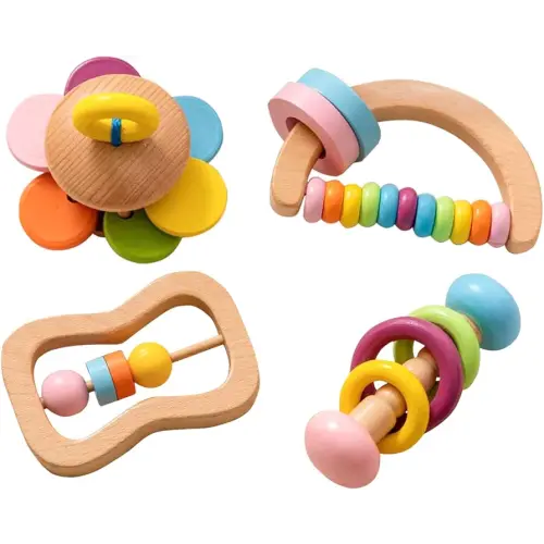 4 PCS Wooden Baby Rattle, Organic Colorful Baby Rattles Set, Wood Rattles for Babies 0-6-12 Months, Wooden Teether Crochet Rattle Toy for Infant Newborn,Montessori Toys for Babies 0-6 Months