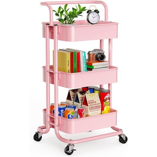 Pipishell 3 Tier Mesh Utility Cart, Rolling Metal Organization Cart with Handle and Lockable Wheels, Multifunctional Storage Shelves for Kitchen Living Room Office Pink