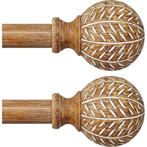 2 Pack Wood Curtain Rods for Windows 28 to 48 Inch,1'' Diameter Drapery Rods with Imitation Wood Grain Leaf Pattern Finials,Boho Adjustable Heavy Duty Curtain Rods Set,18-60'',Color:Natural Wood