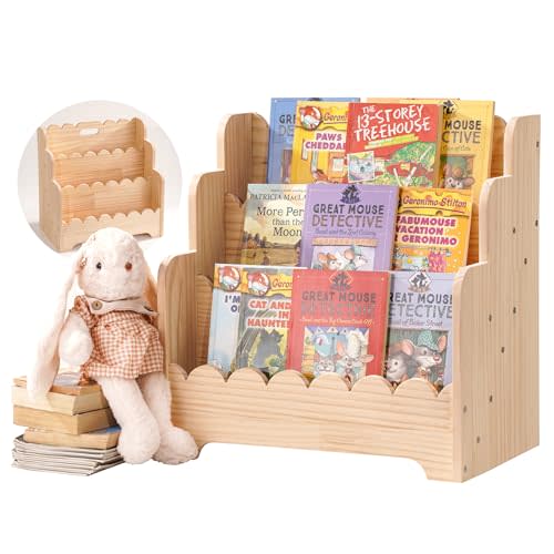 Kids Bookshelf Storage 3-Tier, Book Case for Kids Rooms, Scalloped Wooden Montessori Bookcase for Toddlers & Baby, Small Nursery & Classroom Book Shelves, Solid Wood Organizer