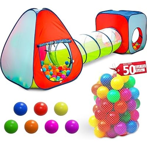 Kids Play Tent with 50 Balls – 3-Piece Tunnel & Ball Pit Combo – Indoor/Outdoor Pop-Up Set with Mesh Panels & Carry Bag