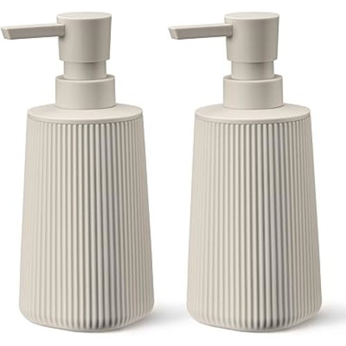 Beige 2 Pack Hand Soap Dispensers with No Rust Pump for Bathroom and Kitchen Countertops Refillable Striped Matte Plastic 8.5 oz