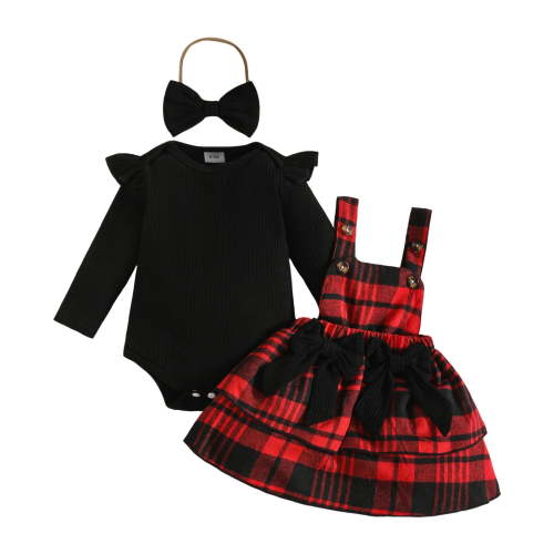 Sopiago Baby Girl Clothes Girl Fall Winter Outfit Long Sleeve Ruffle Romper Plaid Skirt Bow Headband 3 Pcs Set 3-6 Months,Black