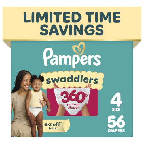 Pampers Diapers - Swaddlers 360° - Size 4, 56 Count, up to 100% Leakproof Comfy Dry Fit, Designed for Easy Changes, Pull On Baby Diaper (Packaging May Vary)