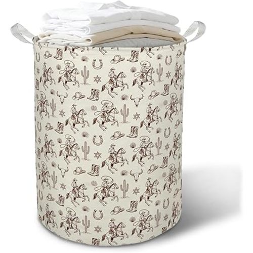 Vintage Western Cowboy Laundry Basket Hamper, Boho Rodeo Cowboy Cactus Bull Skull Foldable Clothes Toys Books Storage Box Bins Baskets Organizer for Bedroom Bathroom Home