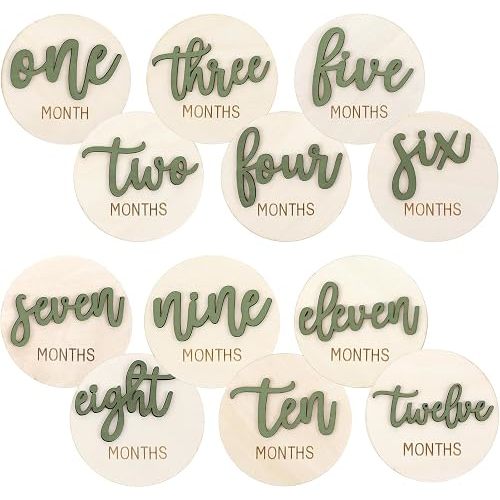 6 PCS Baby Monthly Milestone Cards, Double Sided Wooden 3D Milestone Cards Signs for Photos Announcement Sign 1-12 Months Photography Photo Newborn Keepsake Gift(Green)