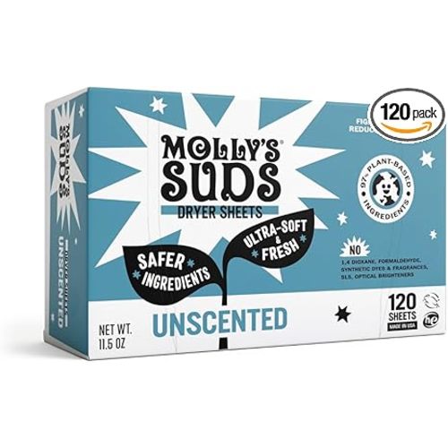 Molly's Suds Fabric Softener Dryer Sheets for Sensitive Skin | Plant-Based Static Reducer, Plastic-Free Packaging | Unscented (120 Sheets)
