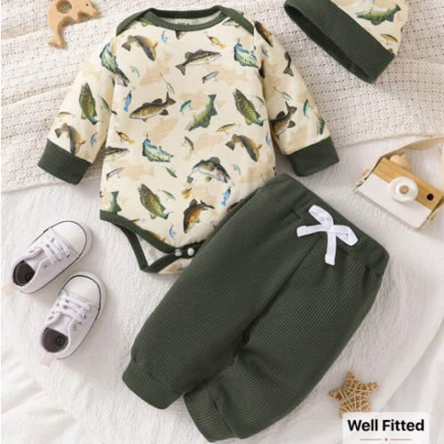 SHEIN Baby Boy 3pcs Set Casual Outfit - Long Sleeve Romper, Pants And Hat, Featuring Cute Underwater Fish Print, For Autumn | SHEIN USA
