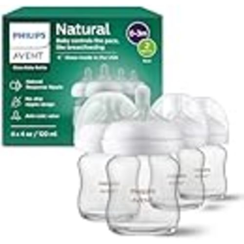 Philips Avent Natural Glass Baby Bottles, Slow Flow, 4 oz, BPA-Free, 4-Pack | Combo Feeding, Baby-Paced Milk Flow, Premium Borosilicate Glass, Easy Sterilizing, Fridge Storage, Slow Flow 2
