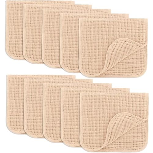 Comfy Cubs Muslin Burp Cloths 20" x 10", Pack of 10 - Large, 6-Layer, Ultra Absorbent 100% Cotton for Baby Drool and Messes - Soft, Safe & Gentle Baby Burp Cloths for Boys & Girls - Cream