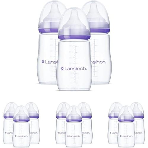 Lansinoh Anti-Colic Baby Bottles for Breastfeeding Babies,8 Ounces,Includes Medium Flow Nipples,Size M,(Pack of 12)