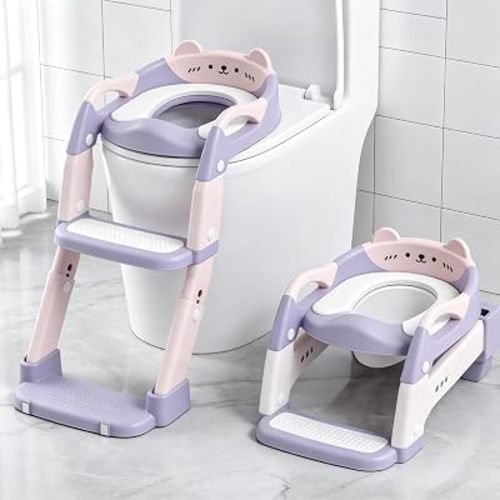 Potty Training Seat, Upgrade Toddler Toilet Seat for Kids Boys Girls, 3 in 1 Potty Training Toilet with Step Stool Ladder-Non Slip Foldable (Purple+Pink)