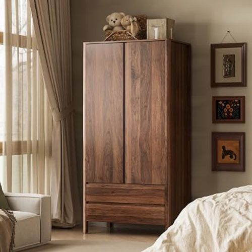MAISONARIA Wardrobe with 2 Doors and 2 Drawers, 70.9”H Modern Walnut Bedroom Armoire Closet with Hidden Handles, Freestanding Wooden Storage Cabinet for Clothes and Essentials
