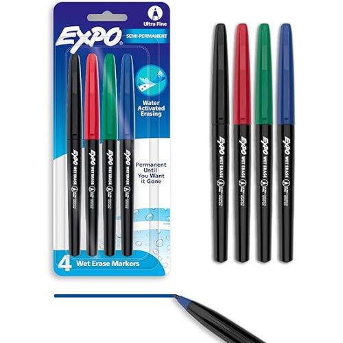 EXPO Wet Erase Markers, Semi-Permanent Markers, Assorted, Ultra Fine Point, 4 Count